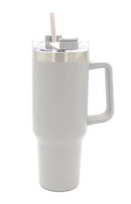Produktbild von To Go Doppelwandiger Thermobecher Edelstahl für kalt und heiß inkl. Strohhalm ca. 1200ml (Hellgrau)