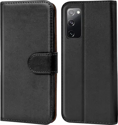 A black flip case for a Samsung Galaxy S20 FE phone is shown from the front and back.