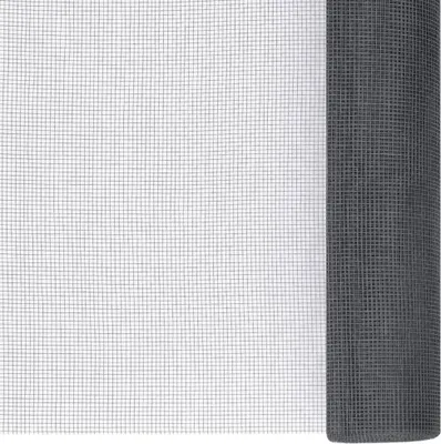 A roll of gray fiberglass mesh screen is shown against a white background.