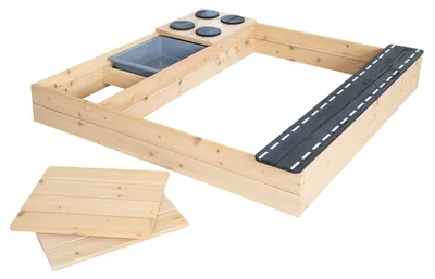 Produktbild von roba Sandkasten Street & Play aus Holz - Design mit Straße, Kochplatte, Spielwanne - Sandkiste groß mit Abdeckungen aus wetterfestem Holz