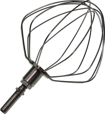 A close-up studio shot of a metal whisk attachment for a kitchen mixer.