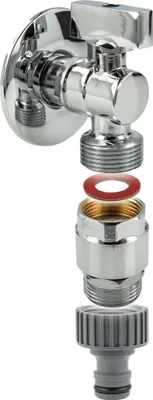 Produktbild von tecuro Mini-Winkelkugelhahn 1/2 Zoll x 3/4 Zoll inkl. Steckkupplung, Rohrbelüfter & Wandrosette, MS-verchromt