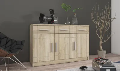 Produktbild von Kommode PARON I Sonoma– Sideboard mit 3 Türen und 3 Schubladen – Wohnzimmerschrank für Wohnzimmer, Esszimmer und Flur