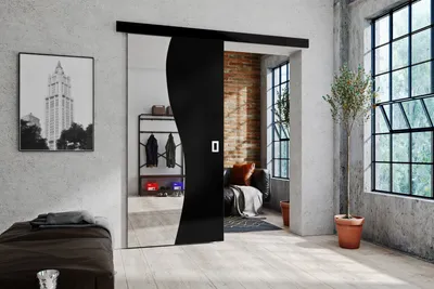Produktbild von Schwebetür mit Spiegel 70 cm Kaja - Design Schiebetür, Wohnzimmer, Zimmertür, Schiebetürsystem (Schwarz)