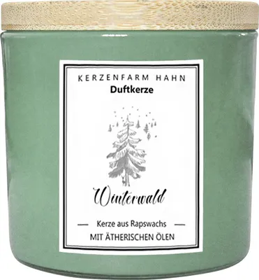 Produktbild von Duftkerze im Glas, Winterwald, 100% pflanzliches Rapswachs, KERZENFARM HAHN, mit reinen ätherischen Ölen, Brenndauer ca. 17h