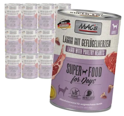 Produktbild von MAC's getreidefreies Nassfutter für Hunde mit Lamm und Geflügelherzen, 12 x 400 g