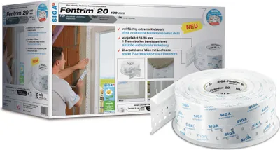 A box of SIGA Fentrim 20 sealing tape and a roll of the tape itself.