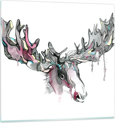 Produktbild von Bilder auf glas - Moose Bunt Kopf Abbildung - 70x70cm - Glasbilder - Wandbilder - Kunstdruck - zum Aufhängen bereit - Wanddekoration aus Glas - Glas Bilder - Wandbild auf Glas - GAC70x70-3033
