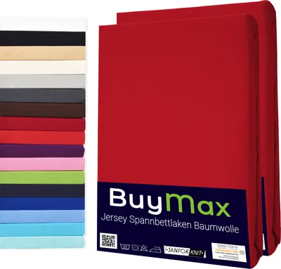Produktbild von Buymax Spannbettlaken 140x200cm Doppelpack 100% Baumwolle Spannbetttuch Bettlaken Jersey, Matratzenhöhe bis 25 cm, Farbe Rot