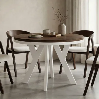 Image de Table ronde à rallonges pour la salle à manger, PERO avec un piètement à anneaux, style loft, scandinave, diamètre : 90 / 140 cm, Couleur : Lefkas / Blanc