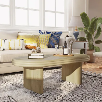 Produktbild von okwish Ovaler Couchtisch Holztisch mit hochwertigem Massivholzfurnier und Holzmaserung,Kaffeetisch mit Beinen und Rillen im Mid-Century-Modern-Stil,Natur