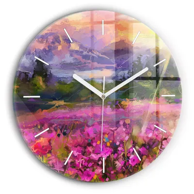 Produktbild von Wallfluent Wanduhr – Stilles Quarzuhrwerk - Uhr Dekoration Wohnzimmer Schlafzimmer Küche - Zifferblatt mit Striche - weiße Zeiger - 30 cm - Wiese im Sonnenuntergang