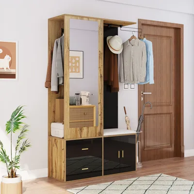 Produktbild von Flieks Garderobenständer, Schrank für Eingangsbereich, Kleiderschrankset mit Spiegel, Wohnwand mit Schuhschrank Schuhbank, Holzfarbe Schwarz