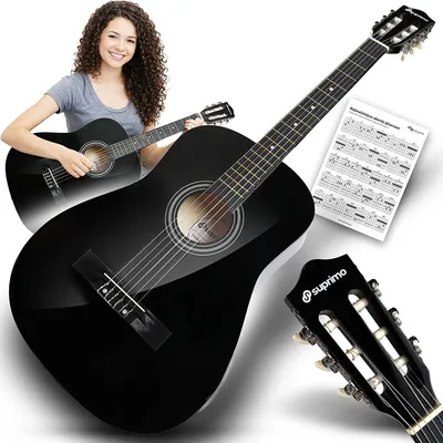Produktbild von SUPRIMO CGS1 BK, klassische Gitarre, 4/4 Größe, schwarz, für Anfänger, zum Erlernen von Akkorden, Set