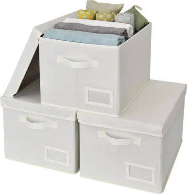 Produktbild von Stoff Aufbewahrungsboxen mit Deckel, 3 Stück Aufbewahrungsboxen mit Deckel für den Schrank, perlenweiße Boxen mit Deckel, faltbarer Aufbewahrungskorb mit Deckel, Box mit Deckel