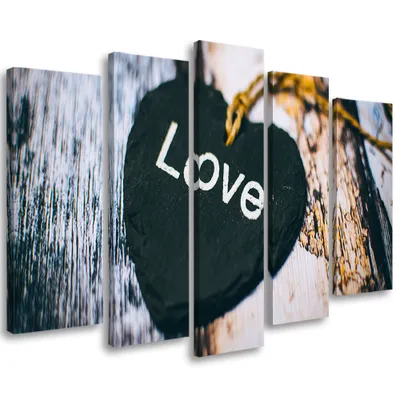 Produktbild von 5-teiliges leinwandbild liebe herz holz inschrift 200x100 cm Feeby schwarz wandbild bereit zum aufhängen