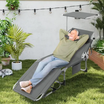 Produktbild von YZNAHRE Sonnenliege klappbarer Liegestuhl mit Dach, Gartenliege Klappbar mit Kopfkissen & Seitentasche & Verstellbare Rückenlehne Tragbar Liegestuhl Relaxliege für Strand Garten (Anthrazit)
