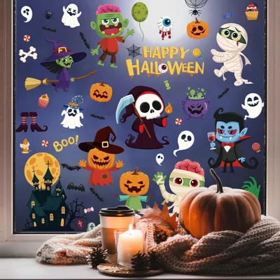 Image de Autocollants pour fenêtres sur le thème d'Halloween, réutilisables, en PVC, double face, lot de 9 feuilles
