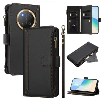 Produktbild von Handyhülle für Honor X9C/Magic7 Lite Reißverschluss Geldbörse Kunstleder Klapphülle mit Kartensteckplatz, Ständer, Handschlaufe Schwarz