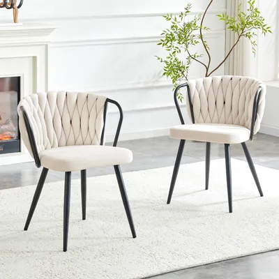 Immagine prodotto di Sedia da pranzo MODFU con schienale intrecciato, poltrona imbottita in velluto, sedia da cucina con quattro gambe in metallo nero opaco dotate di piedini in gomma antiscivolo, beige