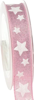 Produktbild von Weihnachtsband Drahtkante Rosa Weiß Stern Deko Geschenkband B25mm L15m