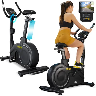 A collage showing an exercise bike from different angles, including a person using it and a close-up of the console.