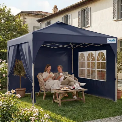 Produktbild von Quictent Pavillon 3x3m, Faltpavillon EIN-Tasten-Zentralverriegelung, Gartenpavillon Partyzelt Gartenzelt, mit 3 abnehmbaren Fensterseiten, Blau