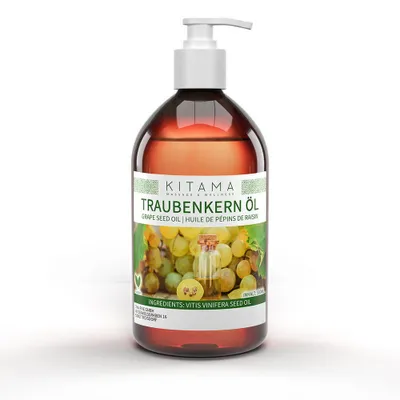 Zdjęcie produktu dla Kitama Olej z pestek winogron rafinowany 500ml - czysty olej do masażu, pielęgnacji skóry, włosów