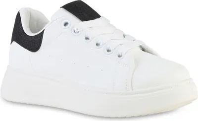 Produktbild von VAN HILL Damen Plateau Sneaker Metallic Schnürer Freizeit Schuhe 841513, Farbe: Weiß Schwarz, Größe: 37