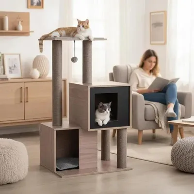 Image de Arbre à chat moderne avec des poteaux en sisal et des coussins amovibles