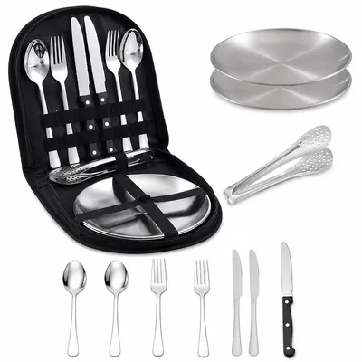 Produktbild von Outdoor Besteck Set Edelstahl, Camping Besteck mit Aufbewahrungstasche für Reisen, Wandern und Camping, tragbares Geschirr Set für 2 Personen