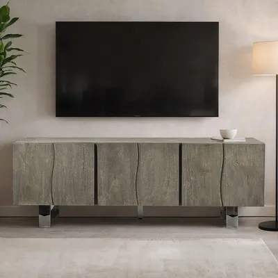 Immagine prodotto di FineBuy Mobile TV basso in legno massello di acacia, grigio fumé, 160x56x46 cm. Mobile TV a tre ante, mobile TV alto, tavolino TV, mobile TV, grigio, moderno