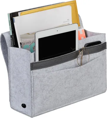 Produktbild von Relaxdays Betttasche, zum Einhängen, 6 Fächer, 4 Klettverschlüsse, Filz, Bett Organizer HBT 27x31,5x11,5 cm, hellgrau