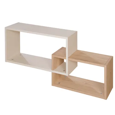 A product shot of a modern, geometric wall shelf unit.