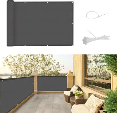 A collage showing a rolled-up dark gray balcony privacy screen and a bundle of zip ties, with a separate image of the screen installed on a balcony.