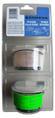 A retail package containing two anti-scale filter cartridges for an iron.