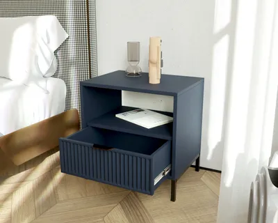 Produktbild von Idohome - Nachttisch WAVE mit Schublade Ablage 54,4x55,1x40,6 cm, Nachtschrank Moderne, Metall Beine - Farbe: Dunkelblau Indigo