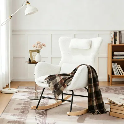 Produktbild von STILVORA Schaukelstuhl Relaxsessel Polsterstuhl mit Kopfstütze, Lendenkisse und Seitentaschen, mit hoher Rückenlehne, Fleece-Stoff, Beige