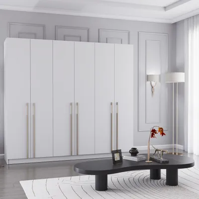 Drehtürenschrank sechstürig in Weiß/Weiß
Breite: 230 cm
Höhe: 210 cm
Tiefe: 57 cm
