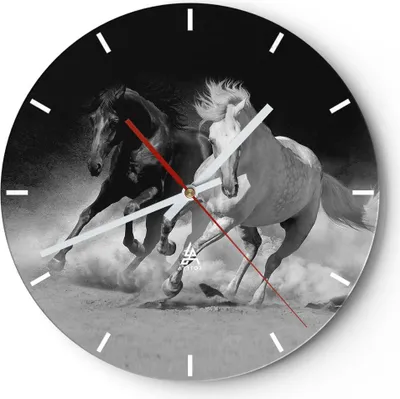 Produktbild von Wanduhr - Rund - Glasuhr - Andalusier Pferde Galopp - 30x30cm - Schleichendes Uhrwerk - Lautlos - zum Aufhängen bereit - Dekoration Modern - Wanddekoration aus Glas - C3AR30x30-4240