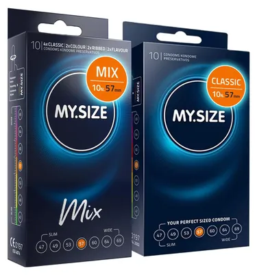 Produktbild von MY.SIZE Mix SET Größe 4, 57 mm: 10 Classic Kondome + 10 Kondome in 4 aufregenDen Sorten, mit Aroma, Farbe, Genoppt & Classic