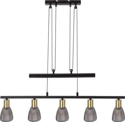 Produktbild von Näve Leuchten 5er Spot Gegenzugpendelleuchte "LINDITA" L: 82cm 5er Spot Gegenzugpendelleuchte "LINDITA" L: 82cm Pendelleuchte - 5er Spot Gegenzugpendelleuchte "LINDITA" L: 82cm, Hängelampe im Retro Style, ausMetall und Glas in schwarz, 160 cm hoch, Maße 82 x 8,5 cm, E14-Fassung