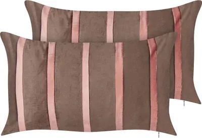 Obrázek produktu pro BELIANI Sada 2 dekorativních polštářů hnědá a růžová samet 35 x 60 cm pruhovaný vzor ruční výroba moderní styl doplňky
