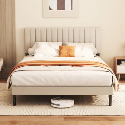 Produktbild von 140x200 cm Polsterbett mit verstellbarem Kopfteil, Bett mit 12 Lattenrost, robustes Bettgestell für Schlafzimmer Jugendzimmer, bis 480 kg, Grauweiß