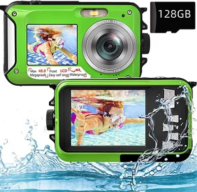 Produktbild von 2,7K Unterwasserkamera, 48 MP, Autofokus wasserdichte Kamera, Dual Screen Selfie Kamera, schwimmfähige Digitalkamera mit 128 GB Speicherkarte
