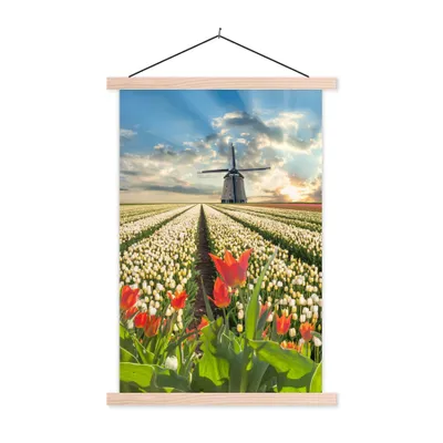 Produktbild von MuchoWow® Textilposter Windmühle - Tulpen - Himmel - Natur 40x60 cm mit holzfarbenen Rahmen - Poster