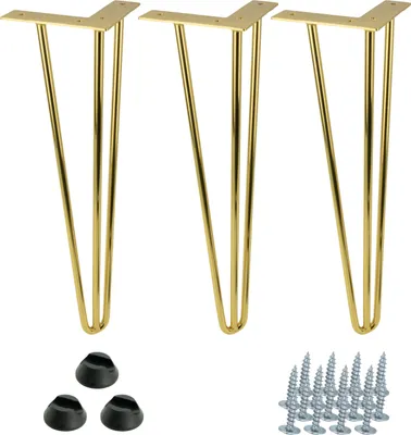 Obrázok produktu pre sada 3 nábytkových nôh Hairpin v lesklej zlatej farbe, vysoké 41 cm, stabilné a moderné pre stoly, lavice a komody