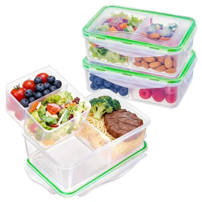 Image de Boîtes à repas, boîte à lunch pour adultes, boîte à lunch étanche à 3 compartiments, boîte à collation avec couvercle hermétique, plastique sans BPA, boîte à bento adaptée au micro-ondes (3 pièces, 1,15 litre)