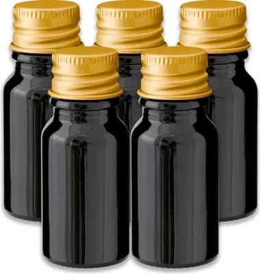 Produktbild von 5x Glasflasche schwarz 10 ml mit goldenem Aluminium Schraubverschluss