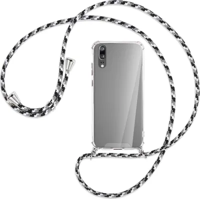 Produktbild von Handykette Backcover-Schutzhülle mit Band (Metall silberfarben) für Huawei P20 - schwarz/grau/weiß